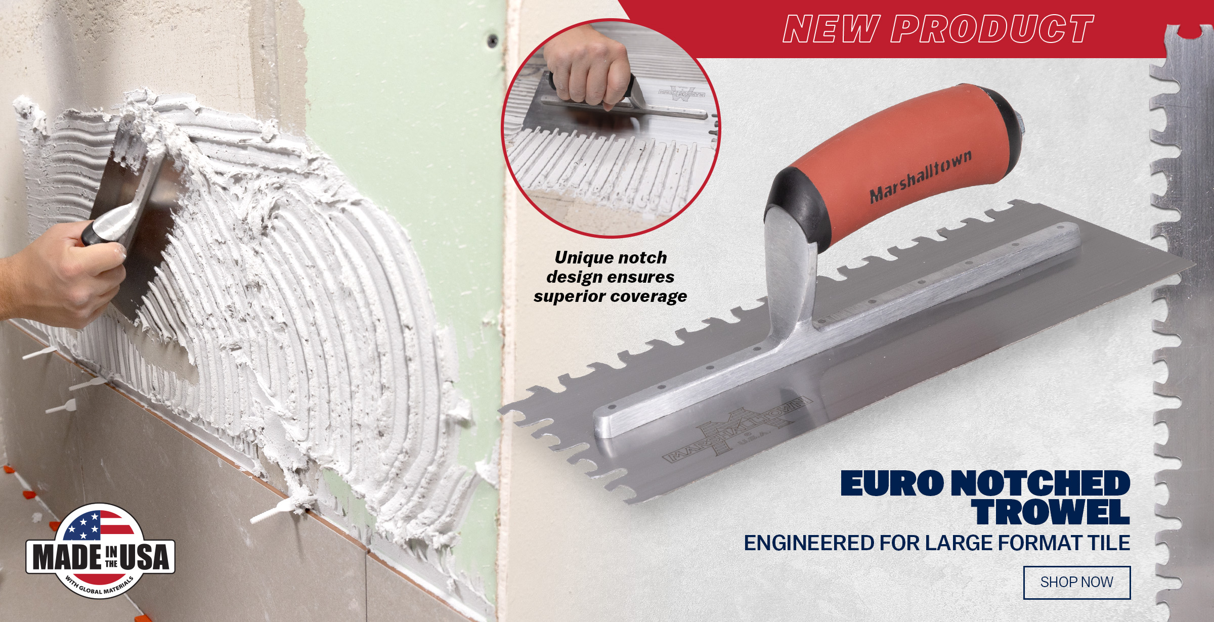 MARSHALLTOWN's new Euro Notched Trowel is engineered for large format tile and features a unique wave-shaped notch design for improved mortar coverage